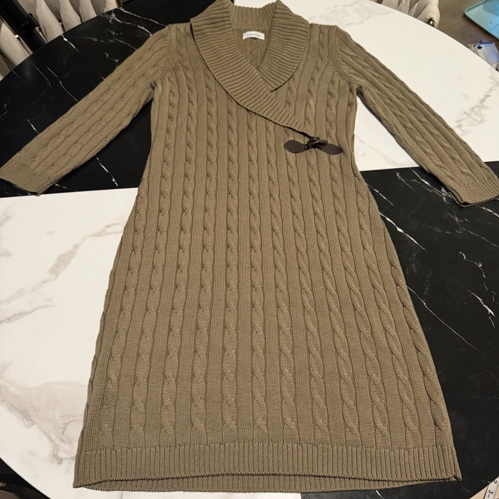 CALVIN KLEIN Taupe Sweater MED Dress Cable Knit Tan Office Buckle Faux Wrap NEW